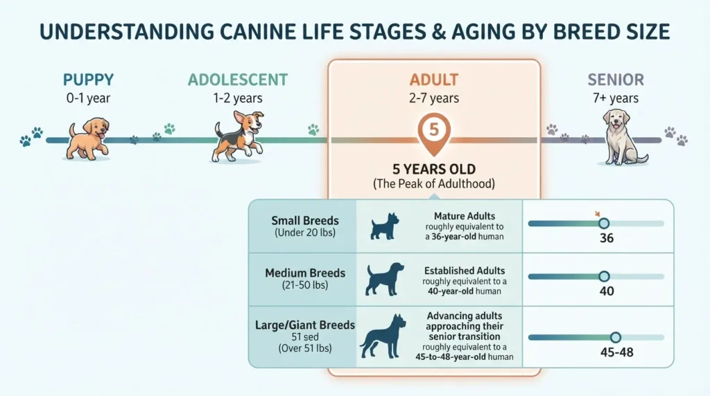 An infographic titled 'Understanding Canine Life Stages & Aging by Breed Size' displaying growth stages from puppy to senior, highlighting a 5-year-old dog's human age equivalent for small (36 years), medium (40 years), and large breeds (45-48 years).