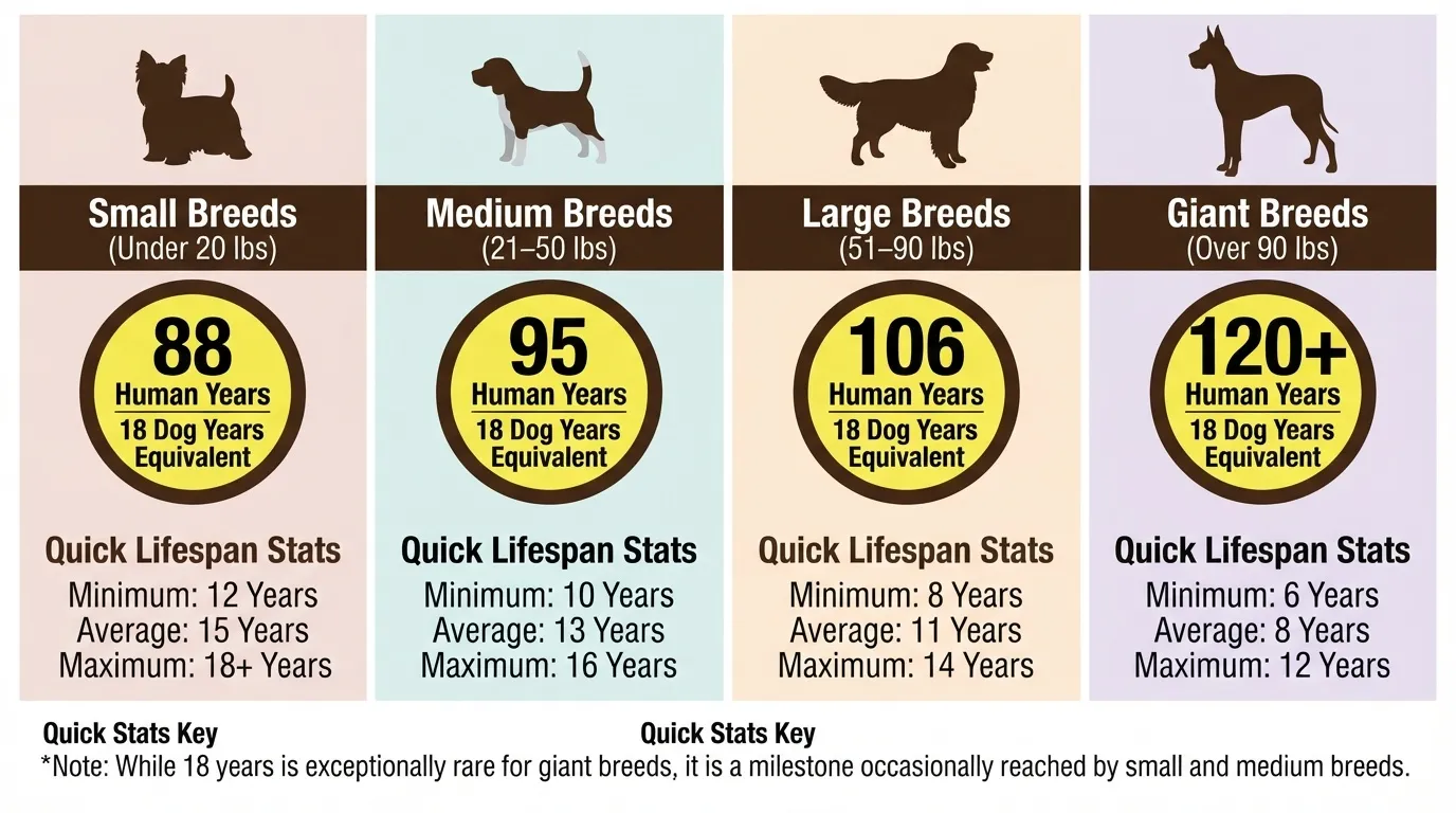 An infographic from Dog Ages Calculator detailing the human year equivalents for 18-year-old dogs across Small, Medium, Large, and Giant breed sizes, along with minimum, average, and maximum lifespan stats for each group.