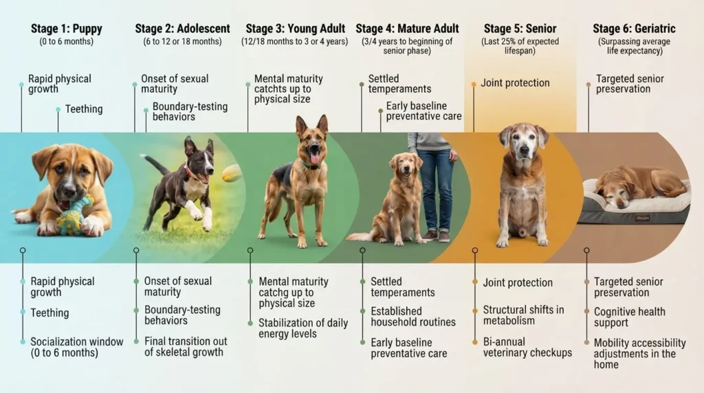 An informative infographic showing the six life stages of a dog from Puppy to Geriatric, detailing growth, developmental, and behavioural milestones.