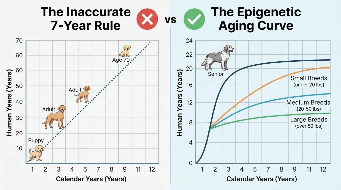 A side-by-side infographic comparing the traditional, inaccurate 7-year dog aging rule with the modern scientific Epigenetic Aging Curve, detailing how small, medium, and large dog breeds age differently over calendar years.