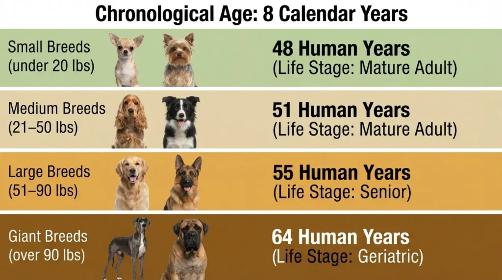 An infographic showing the human equivalent age of an 8-year-old dog based on breed size: Small breeds under 20 lbs are 48 human years (Mature Adult), Medium breeds 21 to 50 lbs are 51 human years (Mature Adult), Large breeds 51 to 90 lbs are 55 human years (Senior), and Giant breeds over 90 lbs are 64 human years (Geriatric).