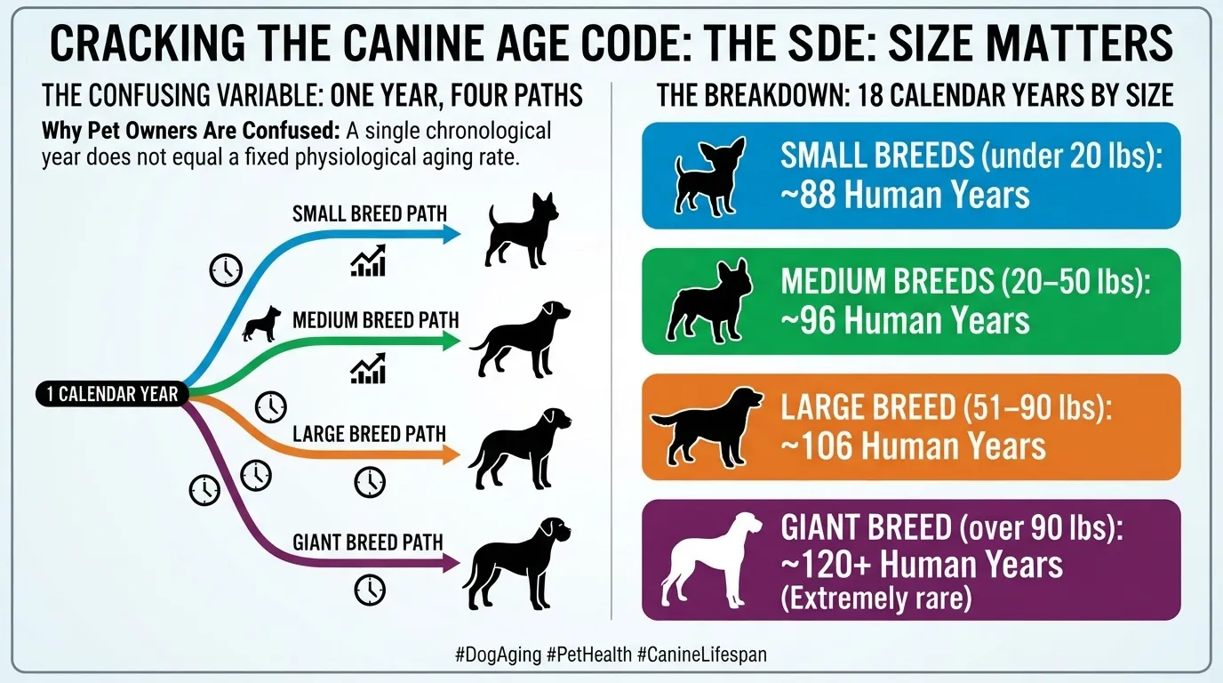 An infographic titled 'Cracking the Canine Age Code' explaining how dog size affects aging over an 18-year lifespan, comparing small, medium, large, and giant breeds to human years.