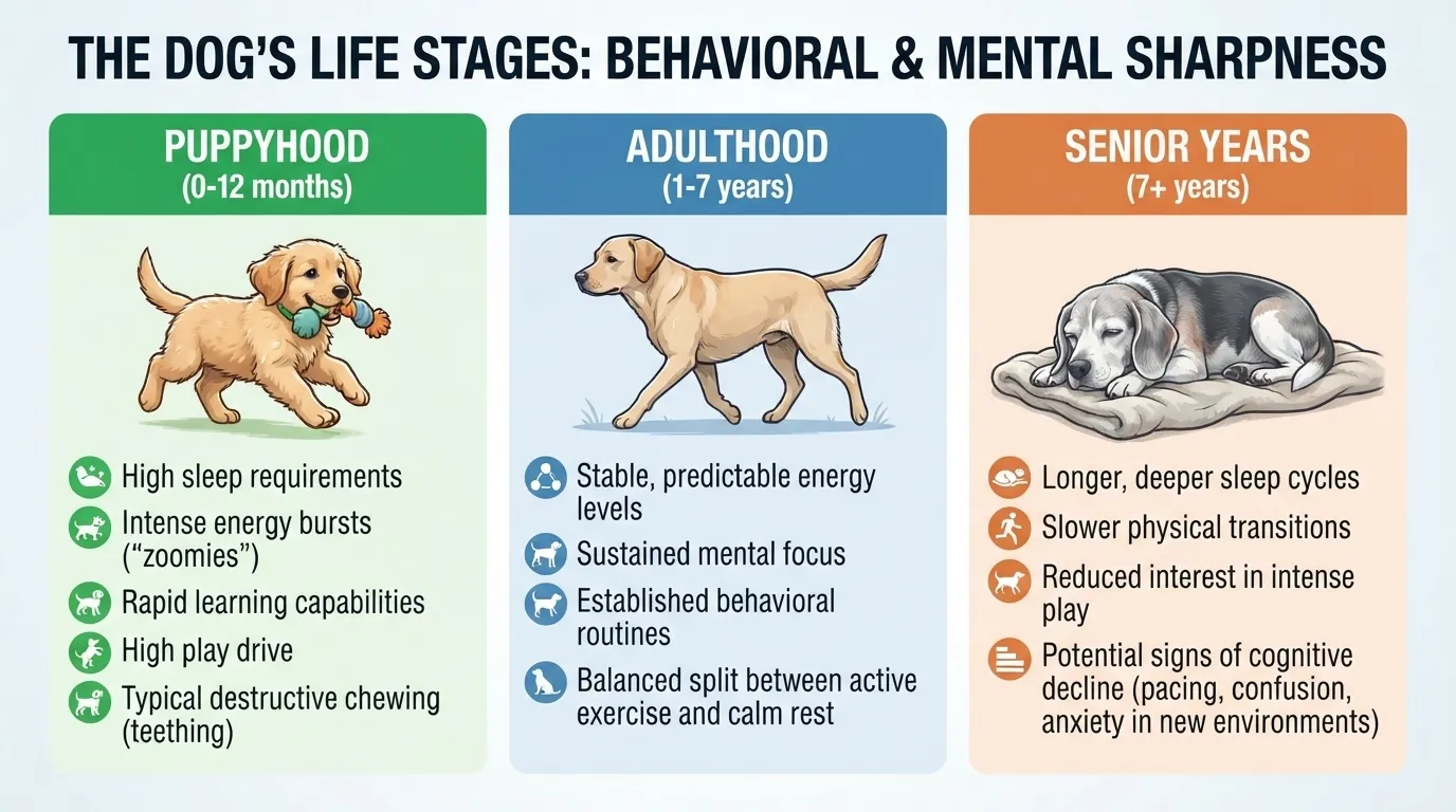 An educational infographic outlining the dog life stages: Puppyhood (0-12 months), Adulthood (1-7 years), and Senior Years (7+ years), highlighting key behavioral and mental sharpness changes.