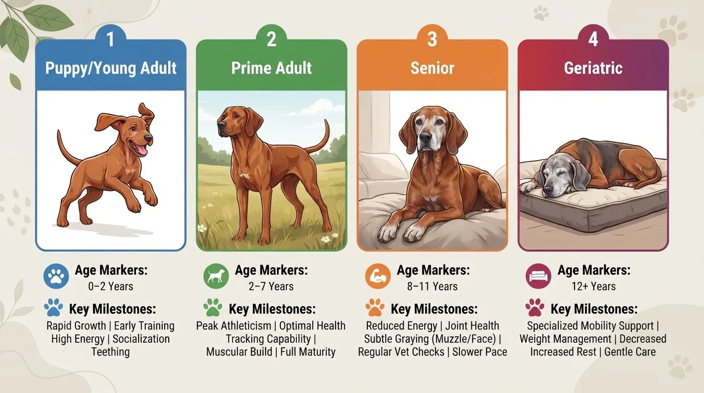 Infographic showing the four main life stages of a dog from Puppy/Young Adult (0-2 years), Prime Adult (2-7 years), Senior (8-11 years), to Geriatric (12+ years), detailing age markers and key milestones for each stage.