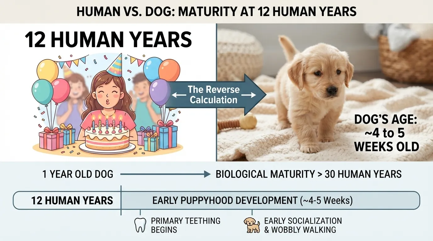 An infographic by dogagescalculator comparing 12 human years to early puppyhood development of 4 to 5 weeks old, illustrating reverse canine age calculation.
