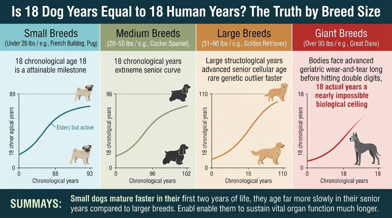 An infographic comparing the aging curves of small, medium, large, and giant dog breeds, showing how chronological years translate differently to biological age depending on size.