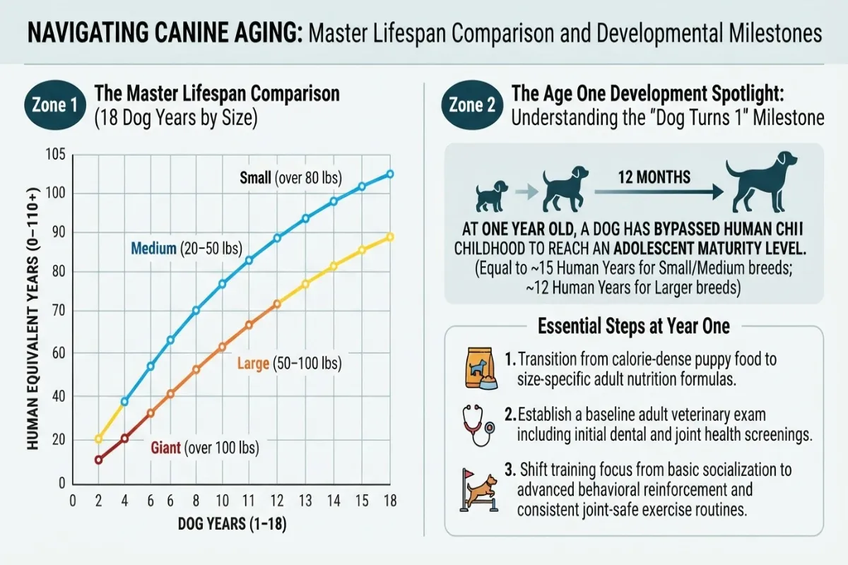An infographic titled 'Navigating Canine Aging' by Dog Ages Calculator, featuring a 'Zone 1' graph comparing dog years to human equivalent years by dog size, and a 'Zone 2' panel highlighting key 12-month developmental milestones and health steps.