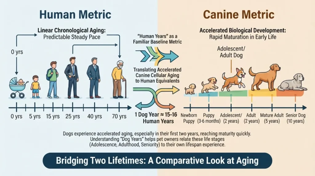 An infographic titled 'Bridging Two Lifetimes: A Comparative Look at Aging' comparing the linear chronological aging of humans to the accelerated biological development of dogs, illustrating that 1 dog year is roughly equal to 15-16 human years.