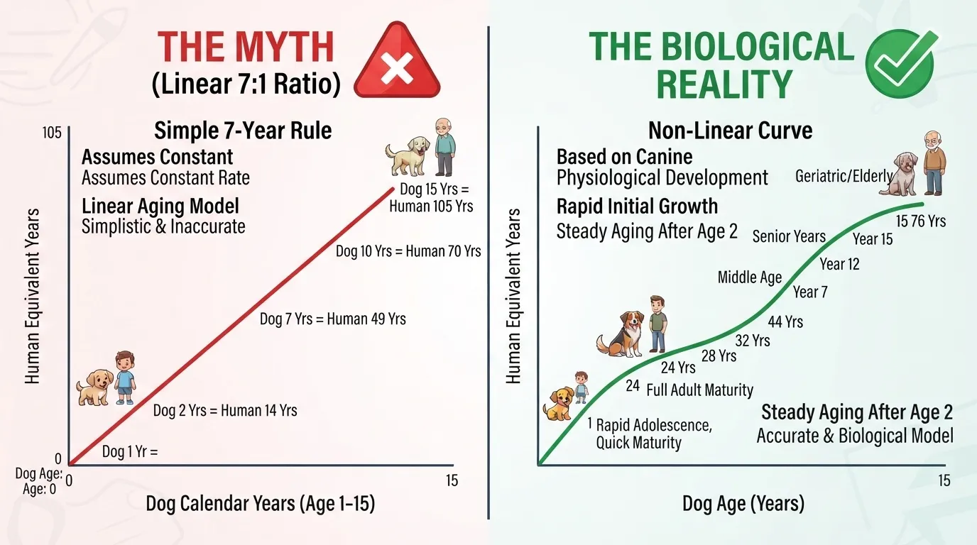 An infographic comparing the linear 7-to-1 dog year myth on the left with the actual non-linear biological reality of canine aging on the right.