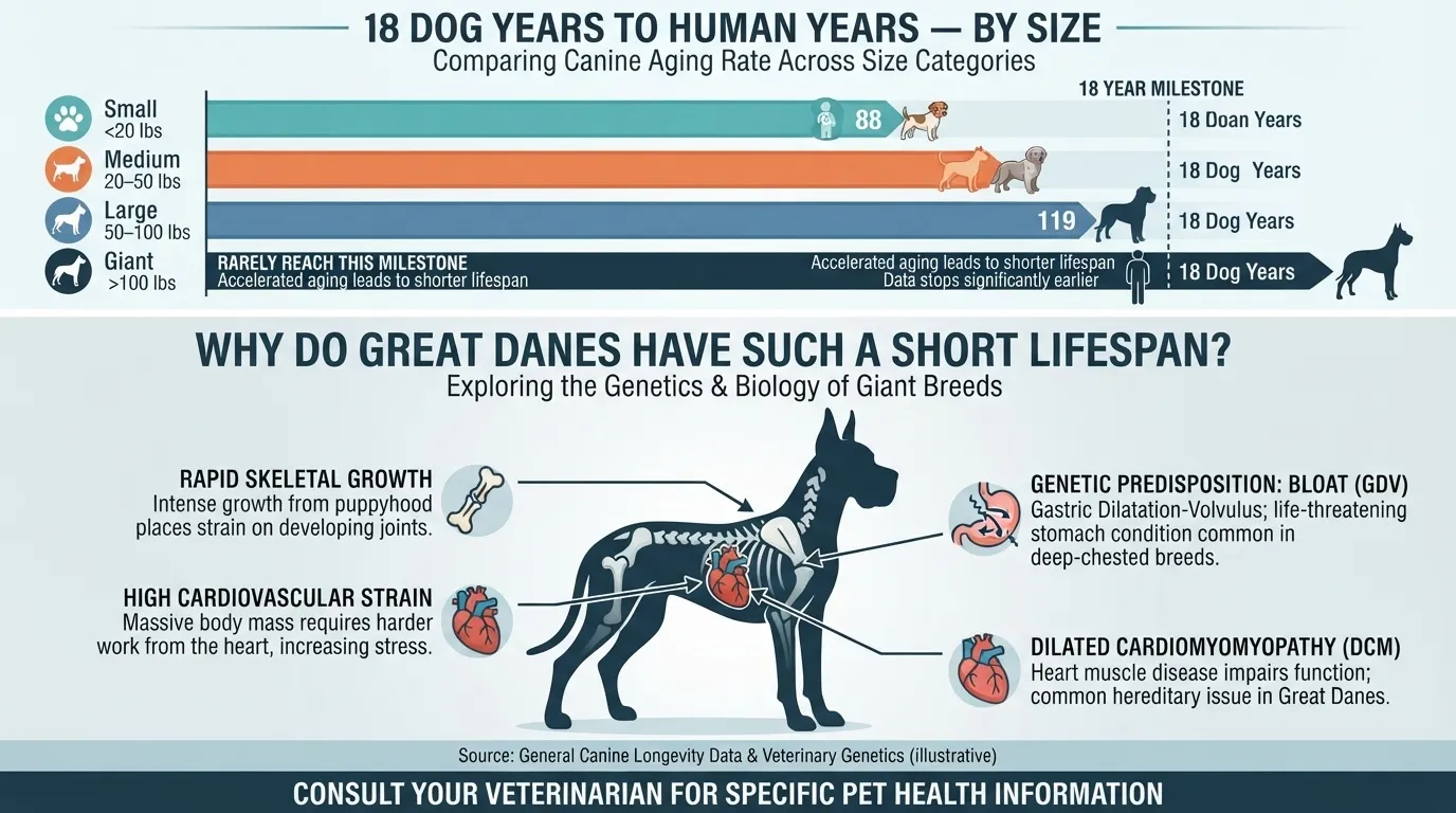 An educational infographic from dogagescalculator comparing canine aging rates by size category and detailing why giant breeds like Great Danes have shorter lifespans.