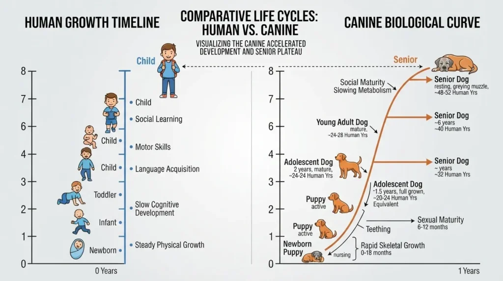 An infographic comparing the human growth timeline from 0 to 8 years with the accelerated canine biological curve from 0 to 1 year, highlighting developmental milestones for both humans and dogs.