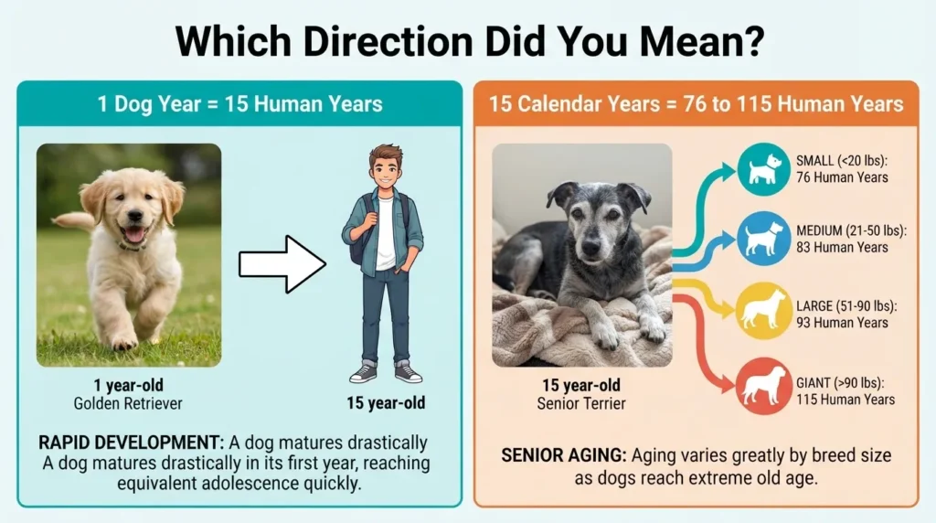 An informative infographic titled 'Which Direction Did You Mean?' illustrating dog aging milestones. The left panel shows that 1 dog year equals 15 human years representing rapid development. The right panel shows that 15 calendar years translates to 76 to 115 human years based on small, medium, large, and giant breed sizes.