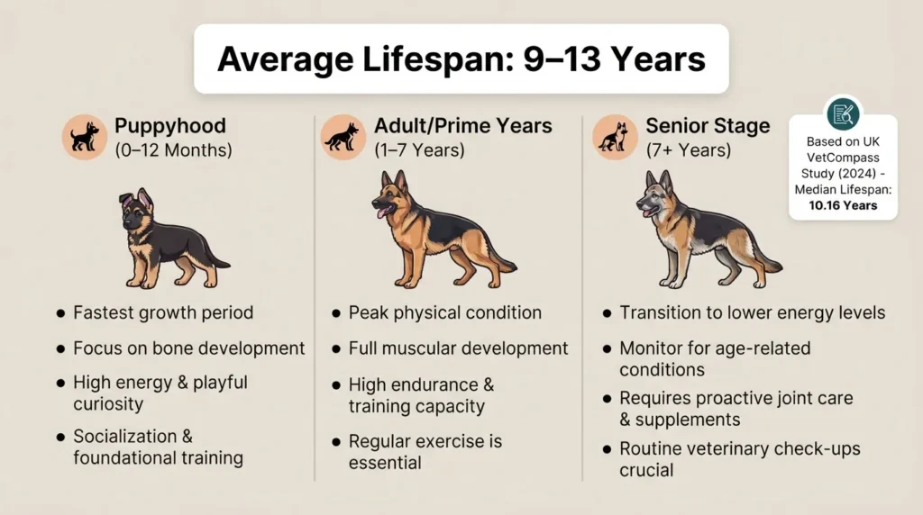 An informative graphic from Dog Ages Calculator detailing the average lifespan of a German Shepherd (9-13 years) across three key life stages: Puppyhood (0-12 months), Adult/Prime Years (1-7 years), and Senior Stage (7+ years) with developmental milestones.