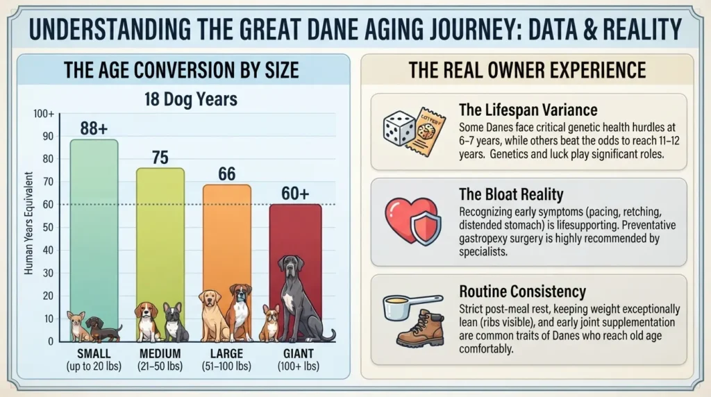 An informative infographic titled 'Understanding the Great Dane Aging Journey: Data & Reality' displaying dog-to-human age conversions by size and listing crucial care tips for giant breed owners.