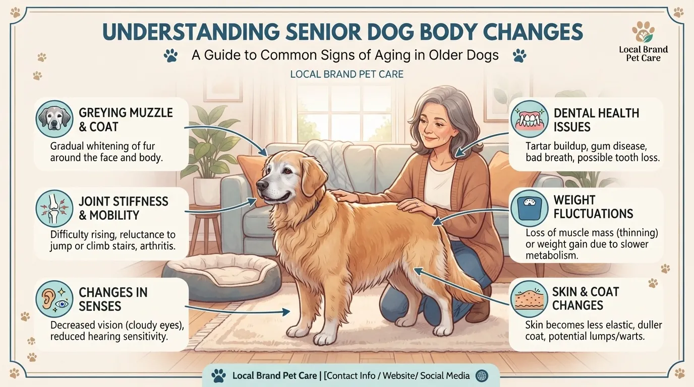 An educational infographic by Local Brand Pet Care titled 'Understanding Senior Dog Body Changes' featuring a golden retriever and its owner. It details key physical changes in older dogs, including a greying muzzle, joint stiffness, sensory decline, dental issues, weight fluctuations, and skin and coat changes.