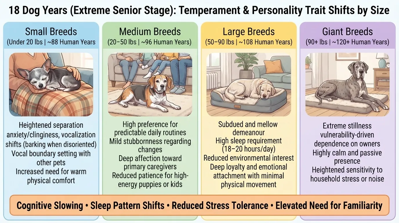An informative infographic titled '18 Dog Years (Extreme Senior Stage): Temperament & Personality Trait Shifts by Size' detailing behavioral changes in small, medium, large, and giant dog breeds, produced by Dog Ages Calculator.