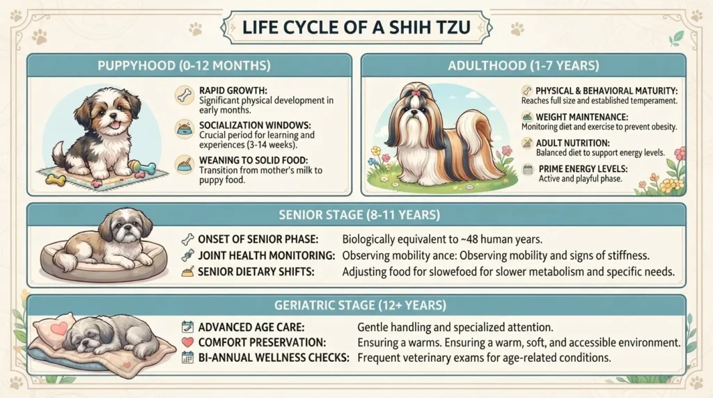 An infographic detailing the life cycle of a Shih Tzu across four key stages: Puppyhood (0-12 months), Adulthood (1-7 years), Senior Stage (8-11 years), and Geriatric Stage (12+ years), complete with essential care tips for each phase by Dog Ages Calculator.