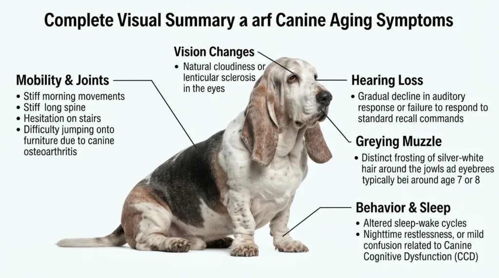 Detailed infographic of a senior Basset Hound highlighting key canine aging symptoms including vision changes, hearing loss, mobility issues, greying muzzle, and behavioral shifts.