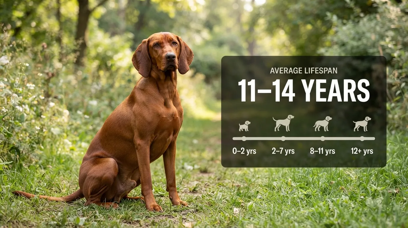 A majestic copper-colored Vizsla dog sitting on a grassy path alongside an informational infographic showing an average lifespan of 11-14 years across various canine life stages.