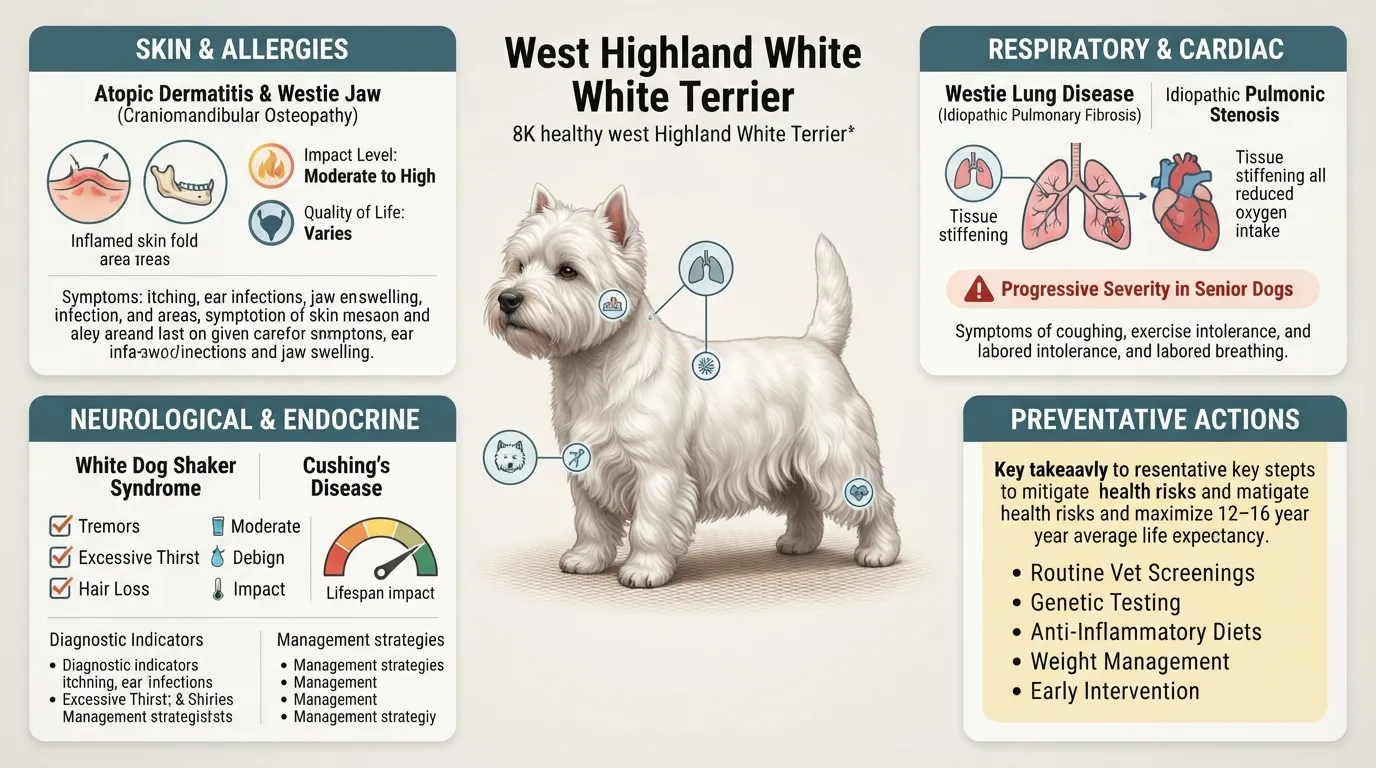 Infographic detailing common health conditions affecting West Highland White Terriers including Atopic Dermatitis, Pulmonic Stenosis, White Dog Shaker Syndrome, and Craniomandibular Osteopathy with their impact on lifespan.