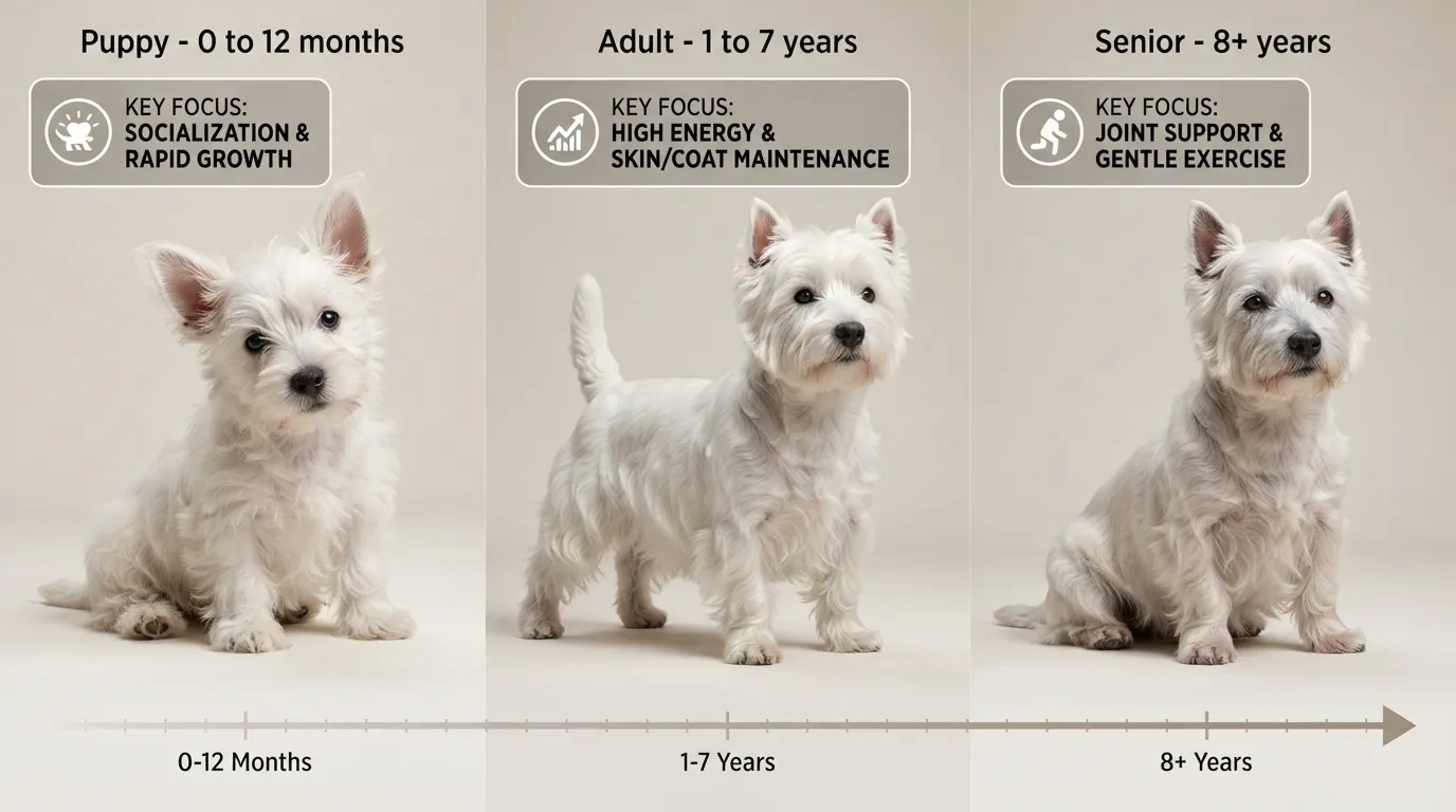 Side-by-side photo comparison of a West Highland White Terrier at puppy, adult, and senior life stages, highlighting physical growth, coat texture, and muzzle graying.