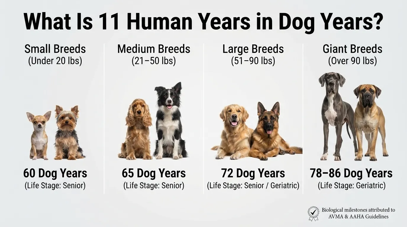 An infographic illustrating what 11 human years equals in dog years across four breed sizes: Small (60 dog years), Medium (65 dog years), Large (72 dog years), and Giant (78-86 dog years), using AVMA & AAHA biological milestones.