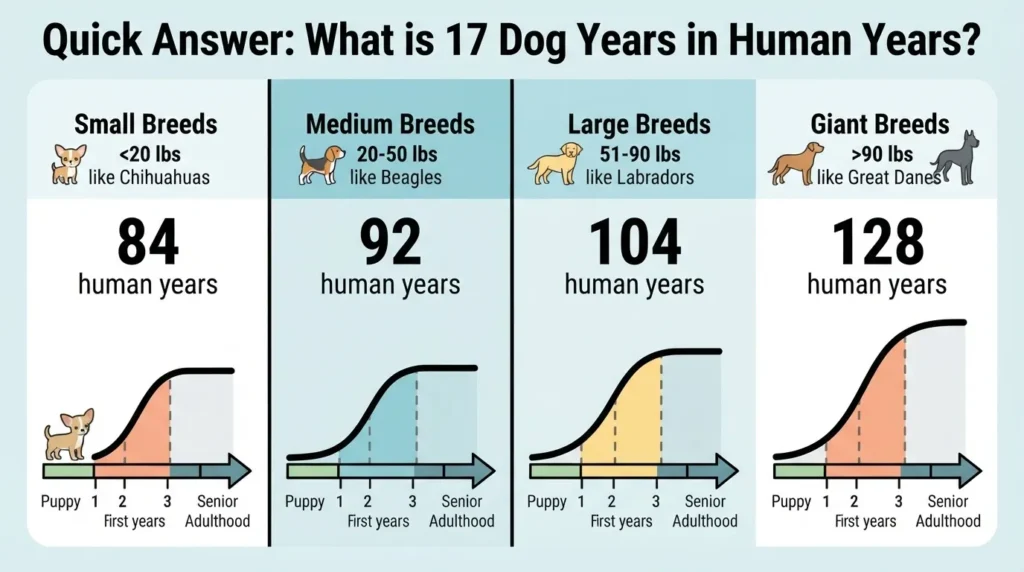 An infographic chart displaying how 17 dog years translates to human years across small, medium, large, and giant breeds, with human age equivalents ranging from 84 to 128 years.