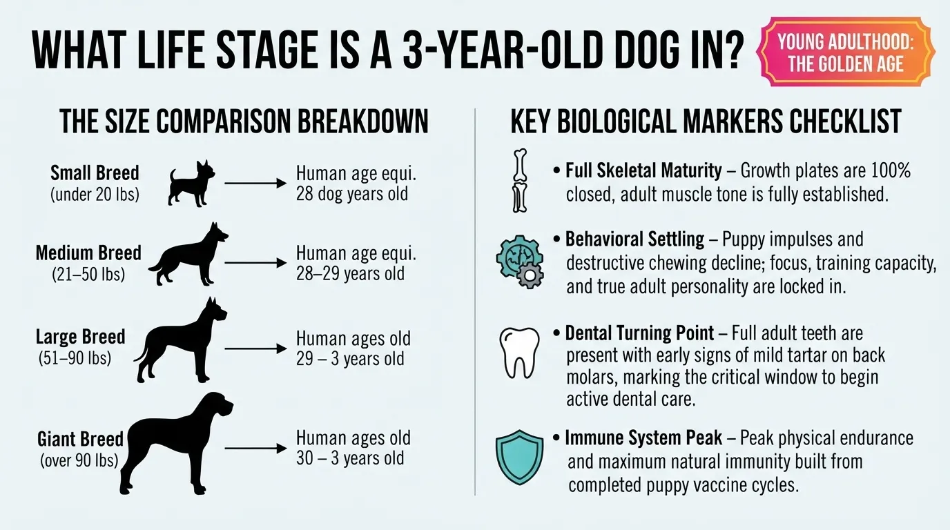 An informative infographic detailing the life stage and human age equivalent of a 3-year-old dog based on breed size, highlighting key biological markers of young adulthood.
