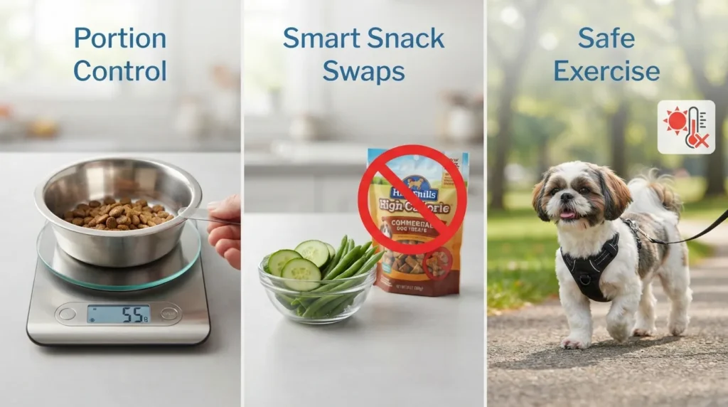 An overweight Shih Tzu being weighed at a vet clinic alongside low-calorie vegetable treats, a measured food bowl, and a daily walking leash