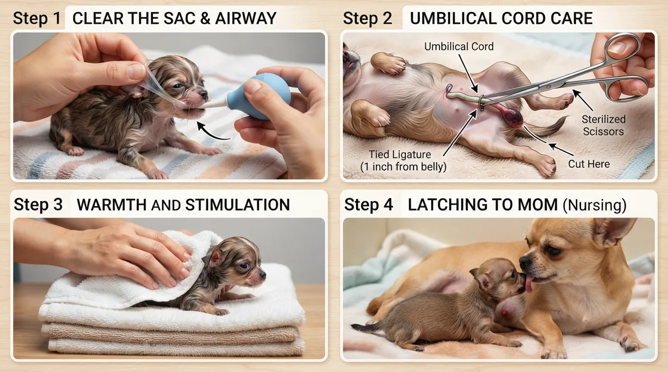 Infographic showing step-by-step care after a Chihuahua puppy is born, including clearing the airway, tearing the amniotic sac, cutting the umbilical cord, and stimulating breathing.