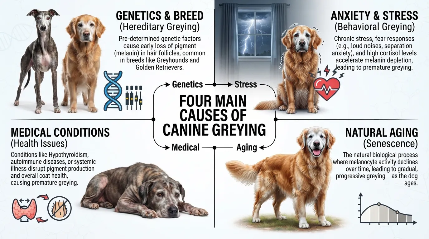 A side-by-side visual breakdown showing the 4 main causes of grey hair in dogs: genetics, stress, medical conditions, and natural aging.