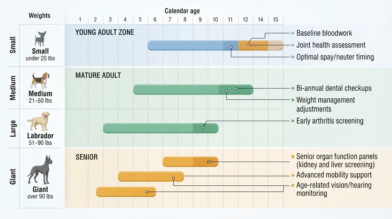 A comparative infographic detailing how a dog's life stage transitions from puppy to senior based on breed size, highlighting key veterinary health milestones and age-related care windows.