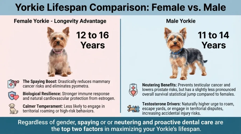 An educational infographic comparing the lifespan of female Yorkies (12 to 16 years) and male Yorkies (11 to 14 years), detailing health benefits of spaying and neutering.