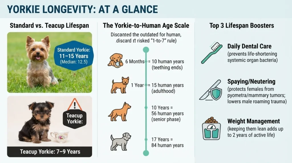 An informative infographic detailing Yorkie longevity, comparing standard vs teacup Yorkie lifespans, showcasing the Yorkie-to-human age scale, and listing the top three lifespan boosters.