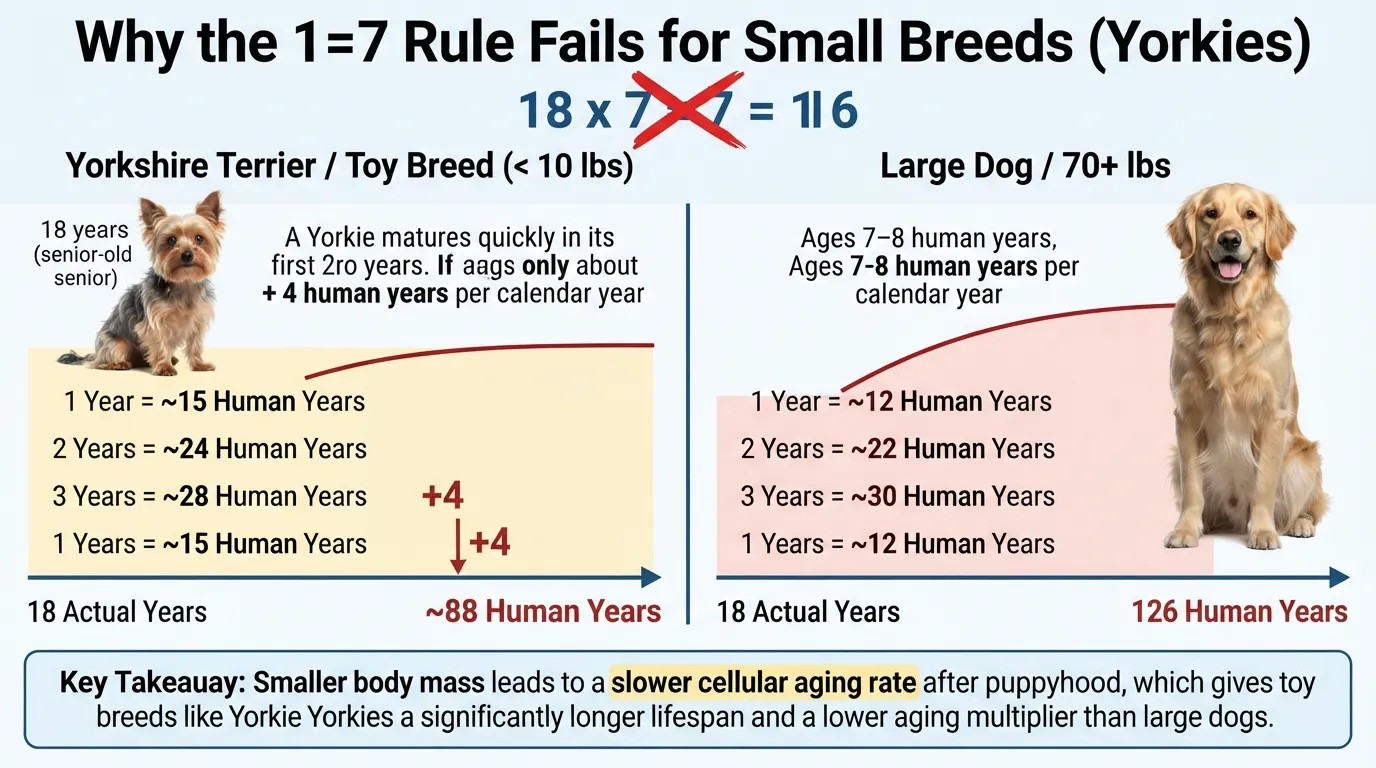Side-by-side comparison infographic showing why the 7-year dog age rule fails for toy breeds like Yorkies compared to large dogs.