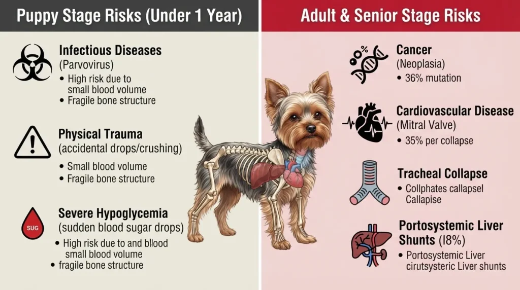 An educational infographic comparing puppy stage health risks under 1 year with adult and senior stage risks for Yorkshire Terriers, featuring a central anatomical illustration of a Yorkie.