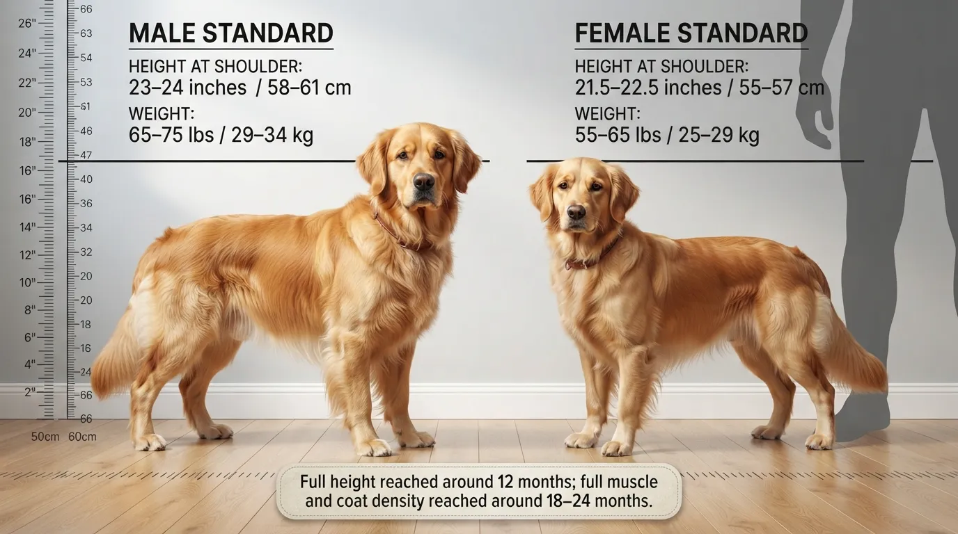 Infographic comparing average height and weight for adult male and female Golden Retrievers against everyday objects for size reference.