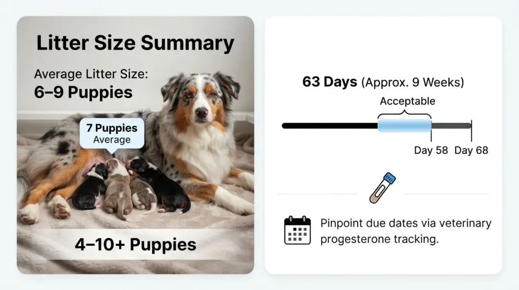 A clear infographic summary showing the average litter size of 6 to 9 puppies and a 63-day gestation timeline for an Australian Shepherd.