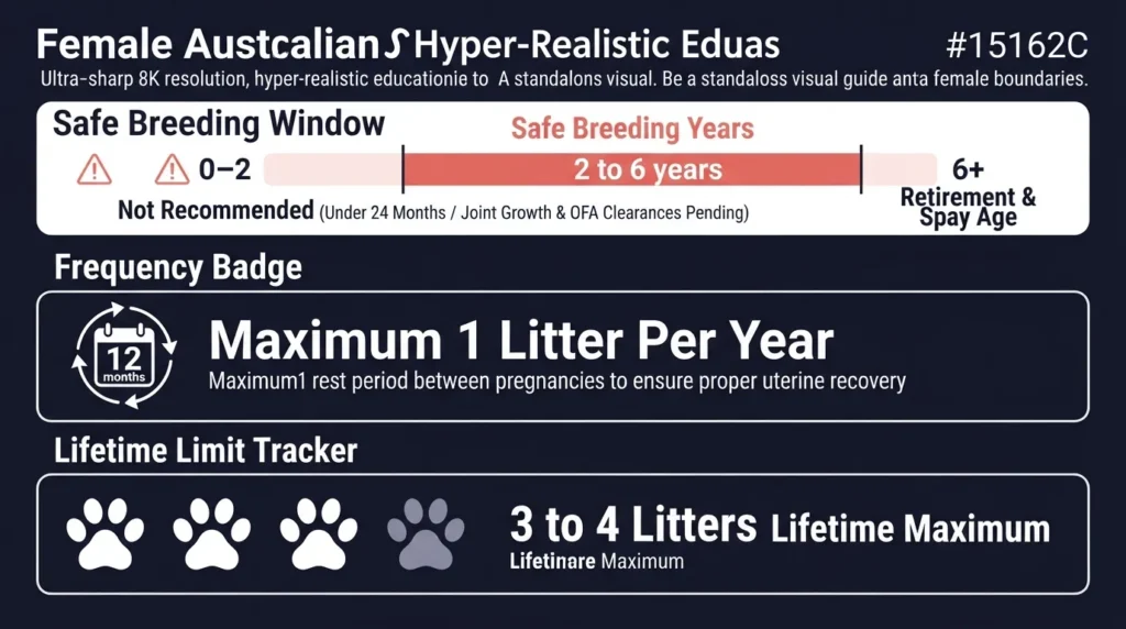 Infographic chart illustrating safe breeding age, maximum annual frequency, and lifetime litter limits for a female Australian Shepherd.