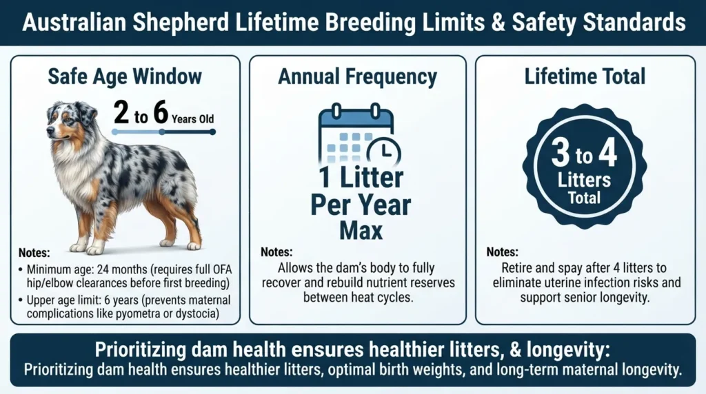 Infographic detailing Australian Shepherd breeding guidelines showing safe breeding age between 2 to 6 years old and lifetime limit of 3 to 4 litters