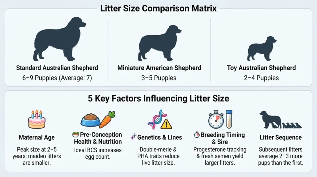 Comparison chart and breakdown of average Australian Shepherd puppy litter sizes by breed type, maternal age, and genetic factors.