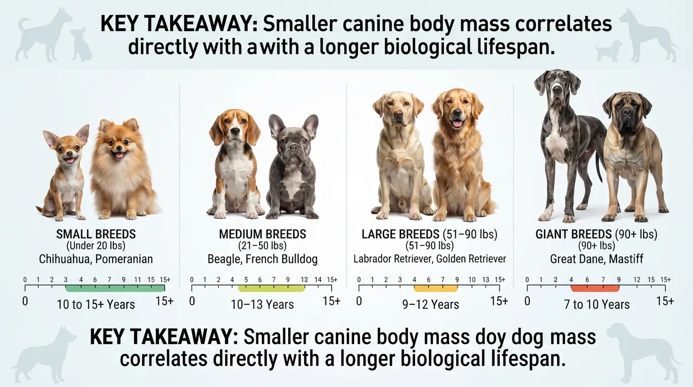 Infographic comparing the average dog lifespan by size, showing life expectancy in years for small, medium, large, and giant dog breeds.