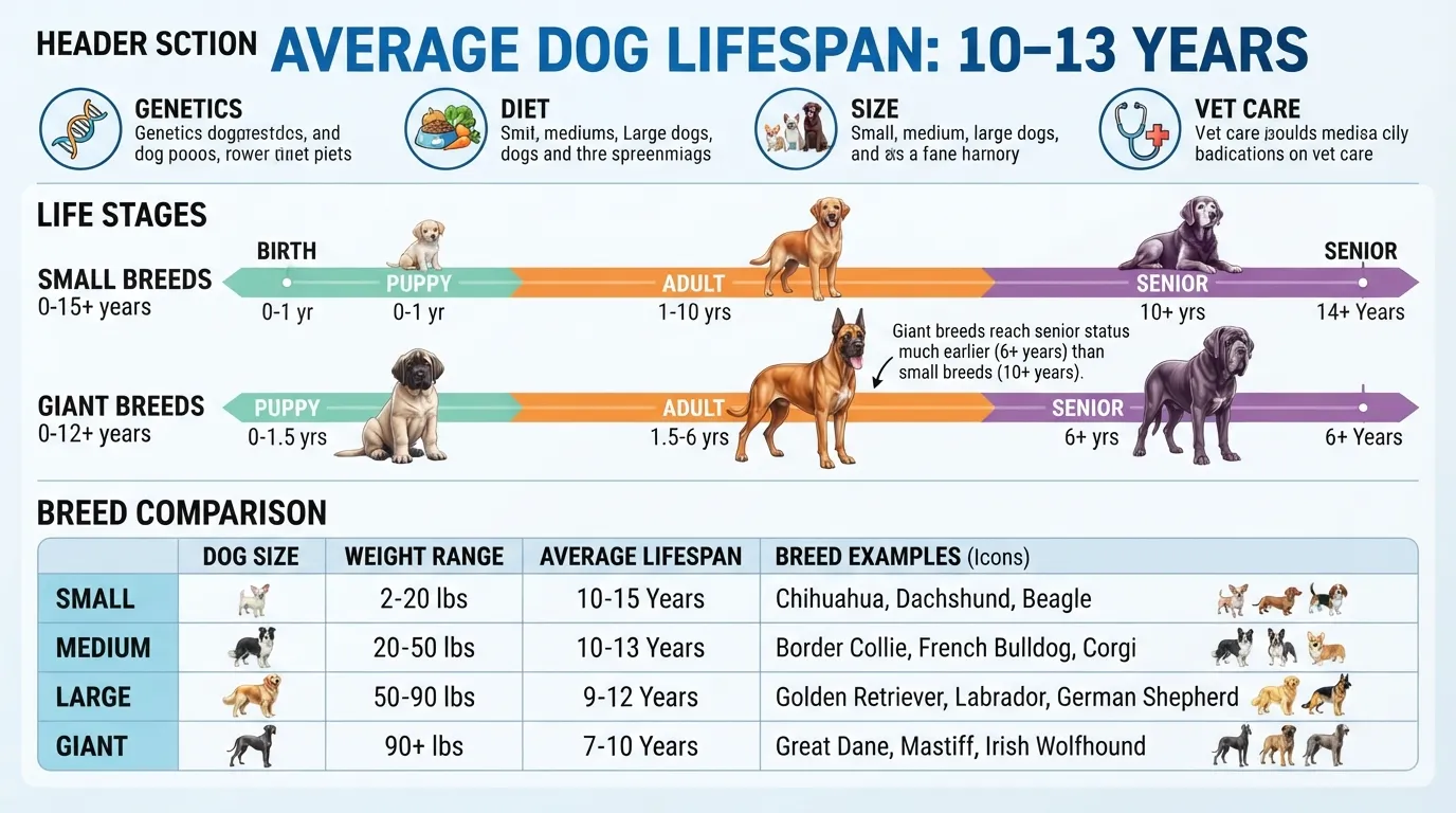 Infographic chart explaining the average age for a dog, breakdown of puppy, adult, and senior life stages, and lifespan comparison by breed size.