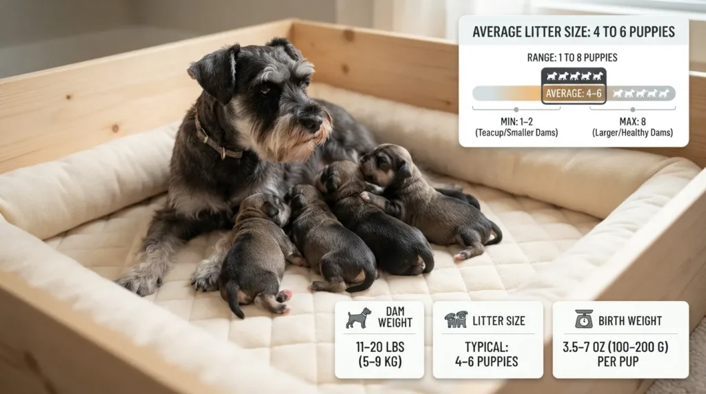 Diagram showing an average litter of 4 to 6 newborn Miniature Schnauzer puppies nursing alongside a healthy adult dam in a clean whelping box.