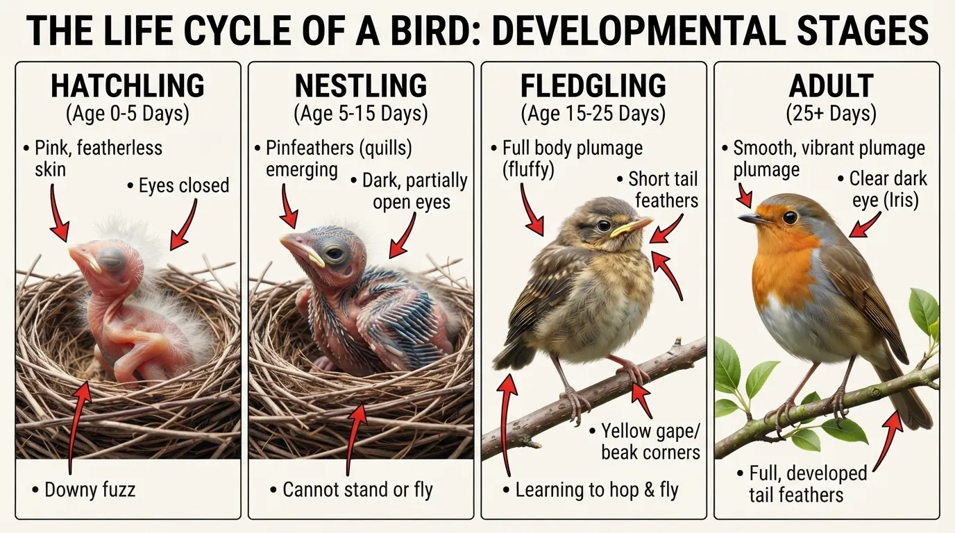 Side-by-side comparison chart showing the four life stages of a bird: Hatchling, Nestling, Fledgling, and Adult, with key visual differences like feather growth and eye status.