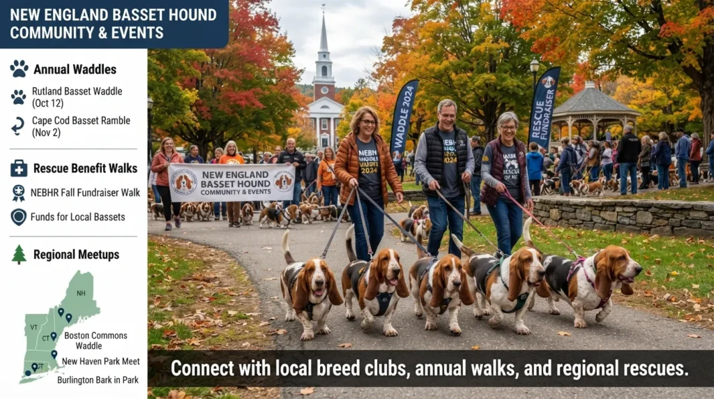 Group of Basset Hounds and their owners participating in an outdoor community walk in New England