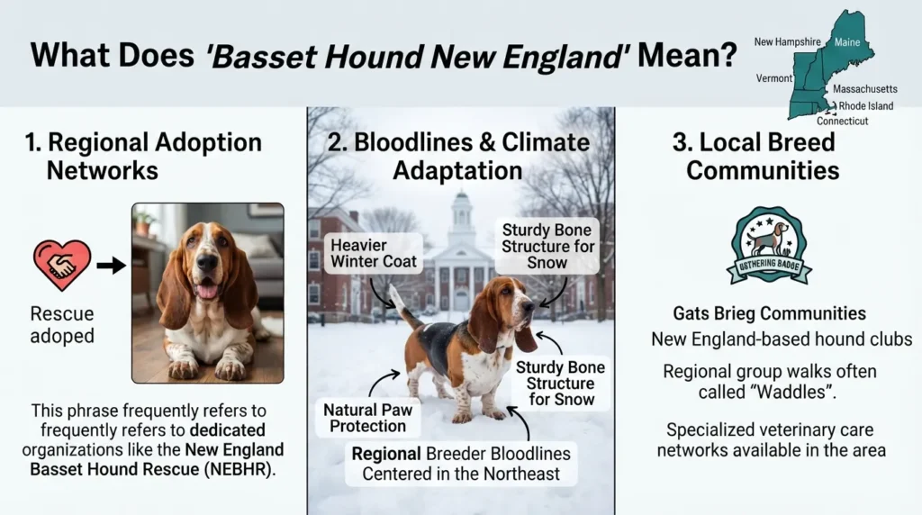 Infographic showing a tri-color Basset Hound with callout boxes defining regional New England Basset Hound adoption networks, local breeding lines, and regional care tips.