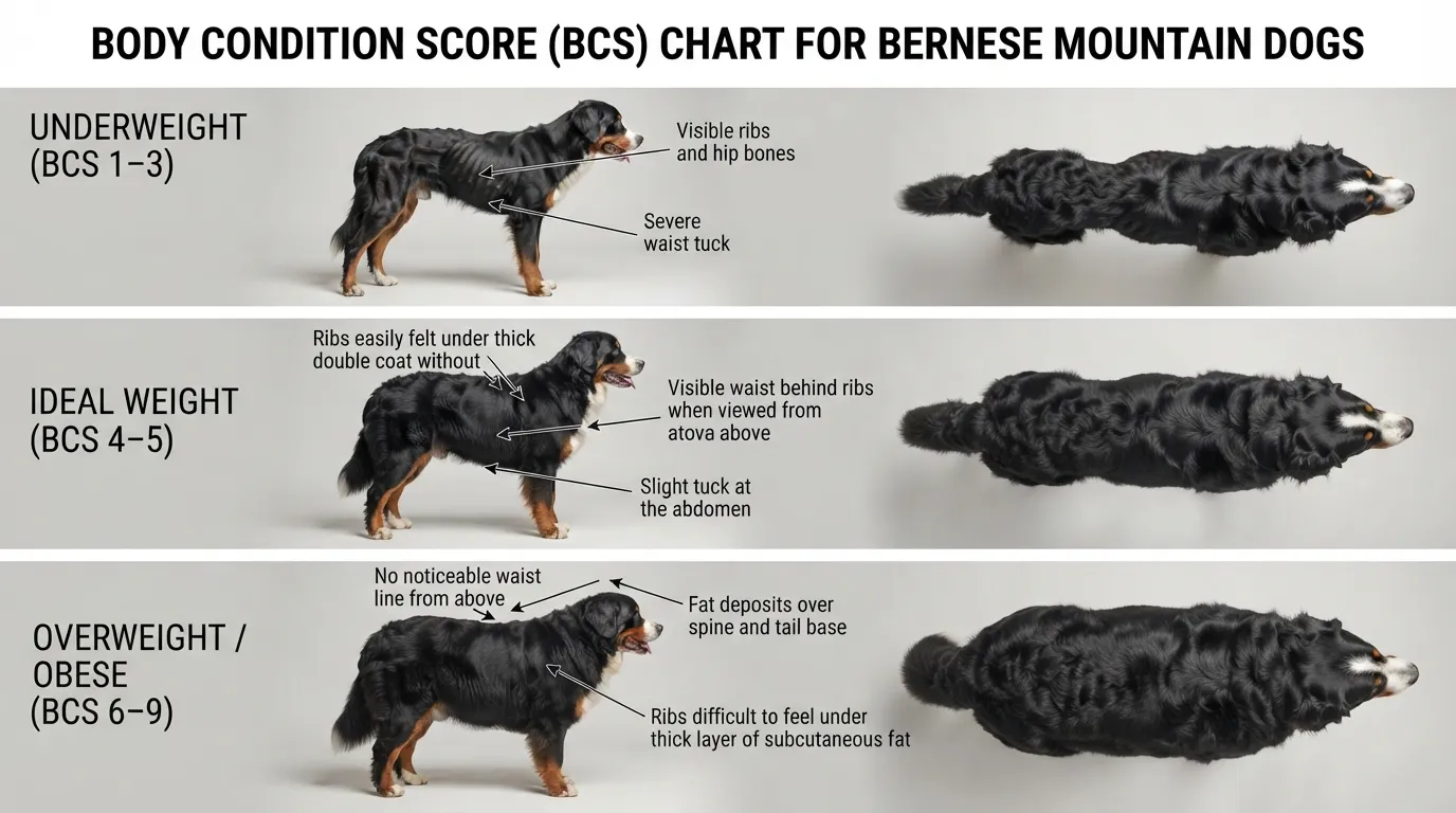 Infographic showing a Bernese Mountain Dog from top and side views to assess if the dog is underweight, ideal weight, or overweight.