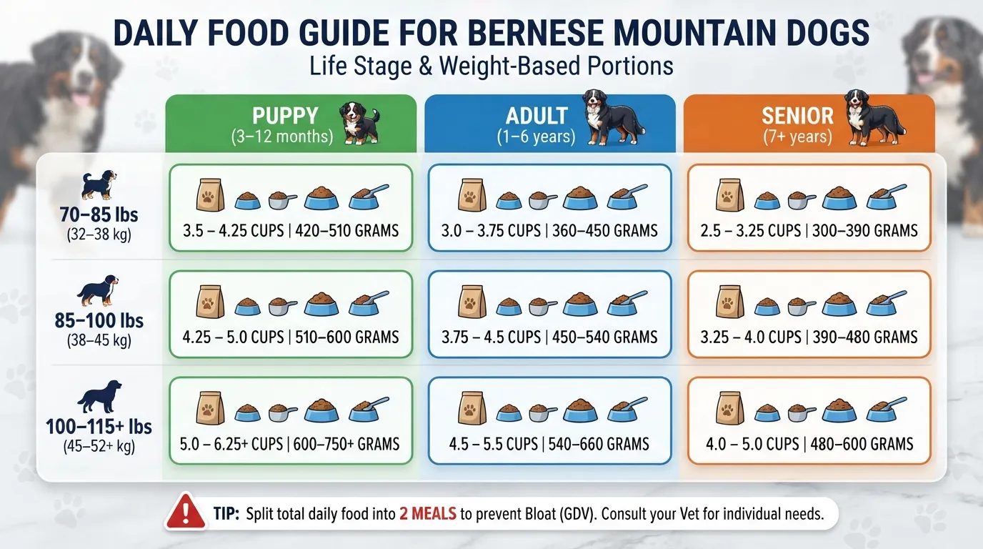 Bernese Mountain Dog daily feeding chart showing recommended kibble portions in cups and grams by weight and life stage for puppies, adults, and seniors.