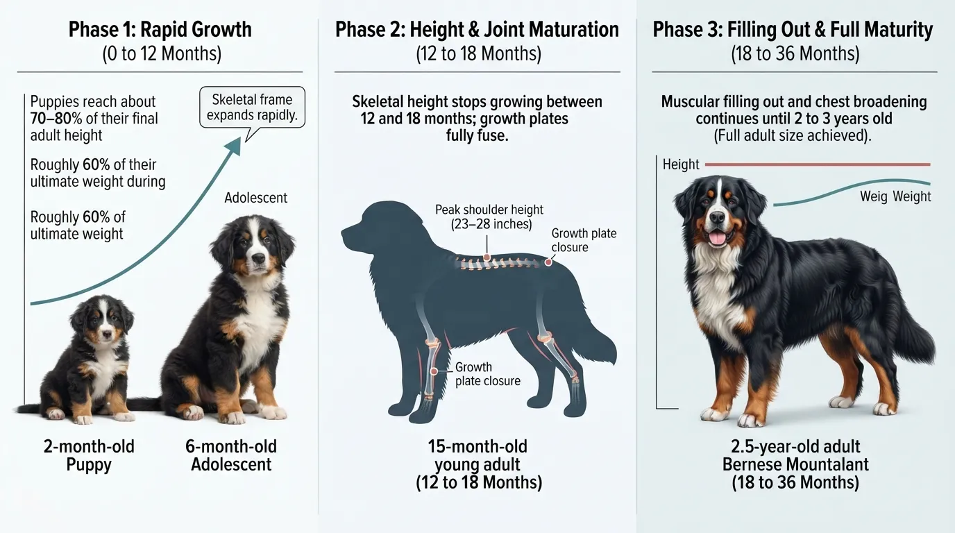 Growth timeline chart displaying Bernese Mountain Dog weight progress from 8 weeks to 24 months, showing skeletal maturity at 12 to 18 months and full muscle bulk reaching adult size between 2 to 3 years.